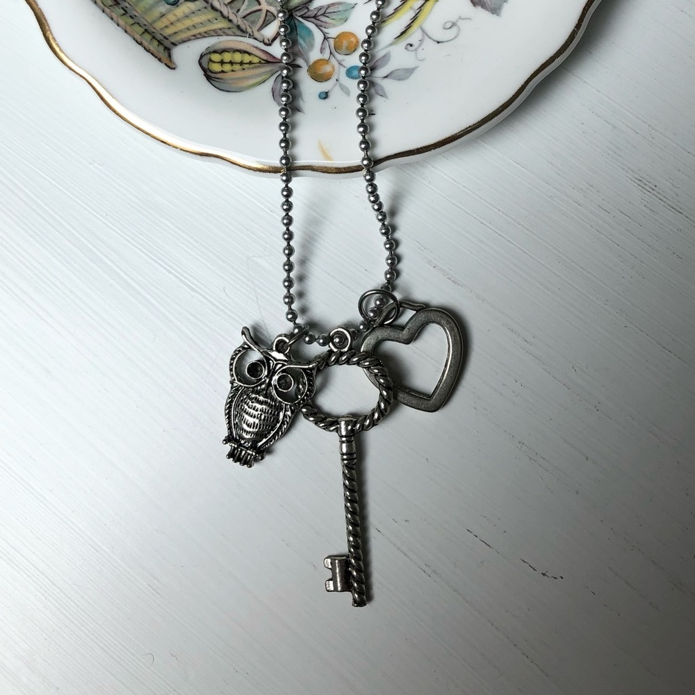 Silver Skeleton Whimsical Key Owl & Heart Charms Bead Chain Necklace